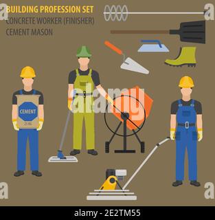 Profession and occupation set. Concrete worker tools and  equipment, mason`s uniform flat design icon.Vector illustration Stock Vector